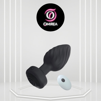 Black silicone butt plug with remote control on a white background, featuring the Omirea logo.