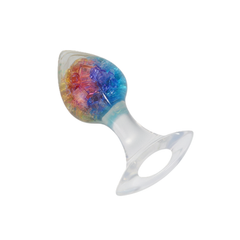 Jeweled anal plug featuring shimmering rainbow centerpiece and ergonomic clear handle.