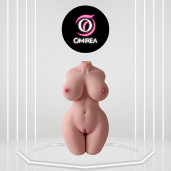 Silicone mold of a female torso with Omirea logo above on a white background