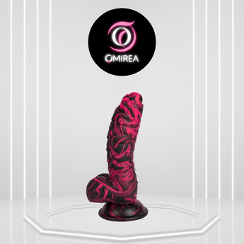 Pink and black swirl-patterned object on a white background with Omirea logo above.
