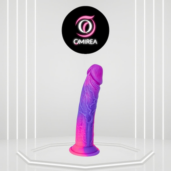 Purple and pink silicone product with Omirea logo on a white background