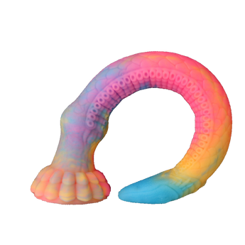 Fantasy-style silicone dildo with rainbow gradient design and tentacle-inspired sculpting, displayed on plain background.