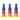 Set of three fantasy-style silicone dildos with rainbow gradient design in blue, red, and yellow, displayed on plain background.