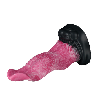 Artistic dildo featuring ridged pink silicone shaft with black monster-inspired base.