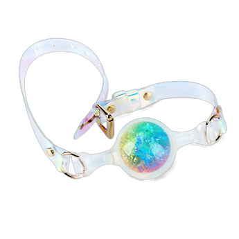 Adjustable clear silicone strap mouth gag featuring multicolor crystal-like ball and gold hardware.