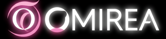 Omirea logo with a pink and white design on a black background